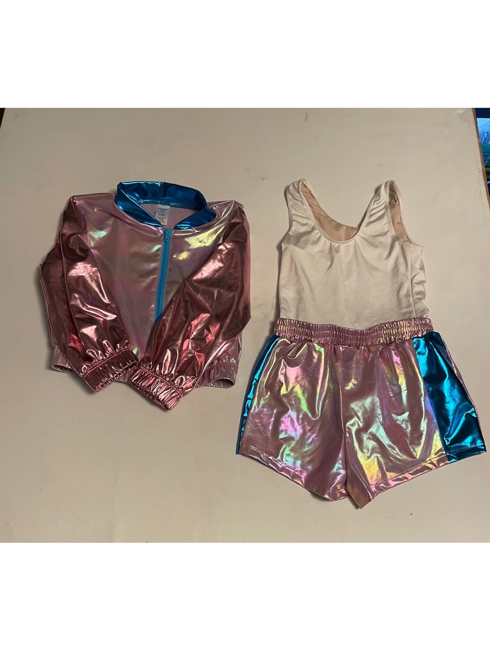 Weissman LC Girls Dance Outfit Set - Iridescent Pink & Blue Shorts with White Le